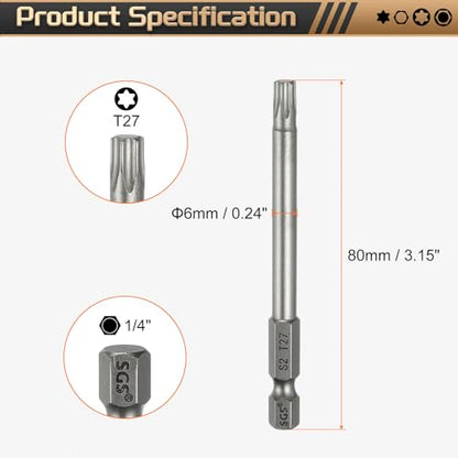 HARFINGTON 5pcs T27 Torx Head Screwdriver Bit 1/4" Hex Shank 3.15" (80mm) Long Magnetic No Hole Tip Tamper Proof 6 Point Star Screw Driver Drill Bits S2 Steel Industrial Power Screwdrivers - size: T27 x 3.15"(80mm)