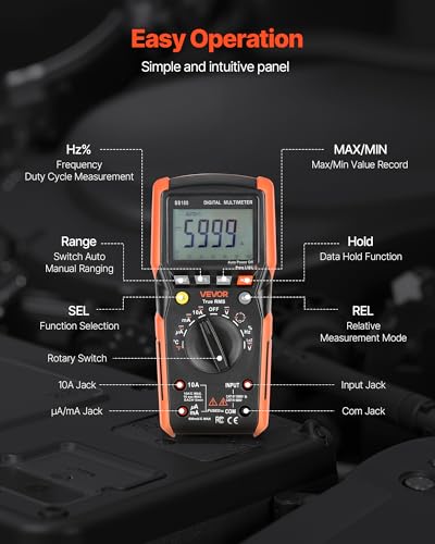 VEVOR Digital Multimeter, 6000-Count TRMS DC/AC Voltmeter Current Tester, Auto-Ranging Multimeter for Current Voltage Resistance Capacitance Temperature Diodes Continuity Low Impedance Measurment