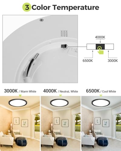 hepside 1PACK LED Flush Mount Ceiling Light,3000K-4000K-6500K & 100W Equivalent Modern Kitchen Recessed Ceiling Lamp 24W 3200Lm 12 Inch for Bathroom Closet Laundry Bedroom Hallway - color: Black, size: 12Inch-1pack