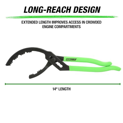 OEMTOOLS 25324 14” Oil Filter Wrench Pliers, 2 2/5" To 5" Adjustable Oil Filter Pliers, Heavy Duty Steel Oil Filter Gripper, 20 Degree Jaws, Green And Black | Adjustable Oil Filter Pliers, Heavy Duty Steel Oil Filter Gripper, 20 Degree Jaws, Comfort Grip