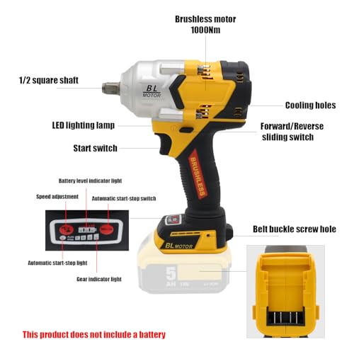 FSYO BL1000 1/2 Cordless Impact Wrench 1000Nm Brushless Motor | Compatible with DeWalt 20V series batteries, four torque levels, LED lights, and automatic stop during reverse rotation. - size: 1/2 1000Nm