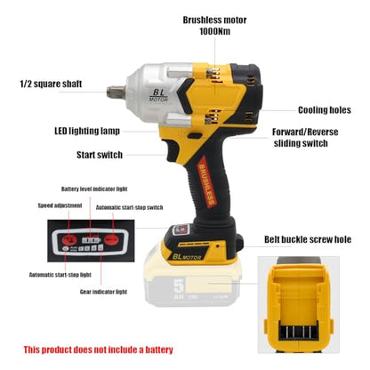 FSYO BL1000 1/2 Cordless Impact Wrench 1000Nm Brushless Motor | Compatible with DeWalt 20V series batteries, four torque levels, LED lights, and automatic stop during reverse rotation. - size: 1/2 1000Nm