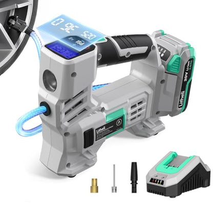 Litheli Tire Inflator Air Compressor, 20V Cordless Car Tire Pump with Digital Pressure Gauge 150PSI for Car Tire, Bike, Sport Ball, 2.0 Ah Battery & Charger