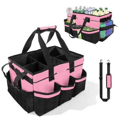 Large Cleaning Caddy Bag – Cleaning Supply Organizer Tote Bag with Handle & Adjustable Shoulder Strap for Housekeeping,Car Detailing,Portable Cleaning Caddy for Cleaning Supplies(Pink)