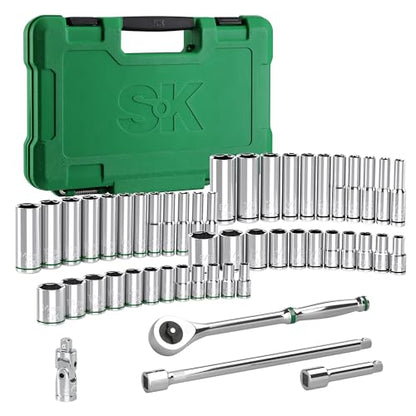 SK 1/4" Drive Socket Set with 216-P Ratchet, SAE & Metric, CR-V Steel | 50-Piece Sockets with Quick-Release Ratchet, SuperKrome Finish, Heat Treated, with Storage Suitcase - size: 1/4" Drive