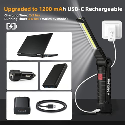Tool Fathers Day Dad Gifts for Men Him Husband, LED Rechargeable Work Light for Mechanic with Magnetic Base Hook, Grill Light Inspection Flashlight 5 Modes 360° Rotate Car Repair Emergency Birthday - color: Black