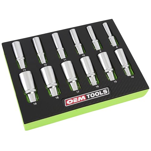 OEMTOOLS 23981 12 Piece Deep Socket Set 3/8, Deep Well Socket Set Metric 8mm-19mm, Heat-Treated Alloy Steel Sockets, Hard Chrome Finish, EVA Foam Tray - style: 3/8" Drive Metric