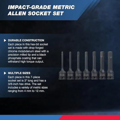 NEIKO 01130B 3/8" Drive Allen Socket Set, 7 Piece, 3 Inch, 3/8” Impact Hex Bit Socket Set, Metric Hex Driver 4 mm to 12 mm, Chrome-Moly Cr-Mo Impact Grade - style: Metric