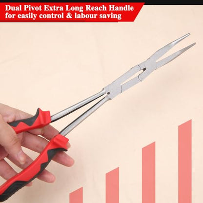 13 Inches Dual Pivot Pliers Double Joint Bent Long Nose Dual Material Pliers with Serrated Jaw 45 Degree Extra Long Reach Compound Action Pliers for Hard to Reach Narrow Spaces - style: Bent Nose