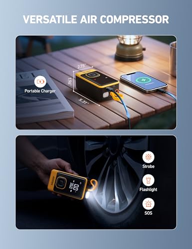 AstroAI L7 Air Tire Inflator Portable Air Compressor, 150PSI Electric Cordless Car Pump with Digital Gauge, Fast 1-Min Inflation, Auto Shutoff, LED Light for Car, SUV, Motorcycle & Bike Tires, Yellow