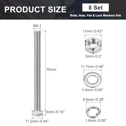 uxcell M6 x 75mm Hex Head Screws Bolts, Nuts, Flat & Lock Washers Kits, 304 Stainless Steel Fully Thread Hexagon Bolts 8 Sets - size: M6 x 75mm