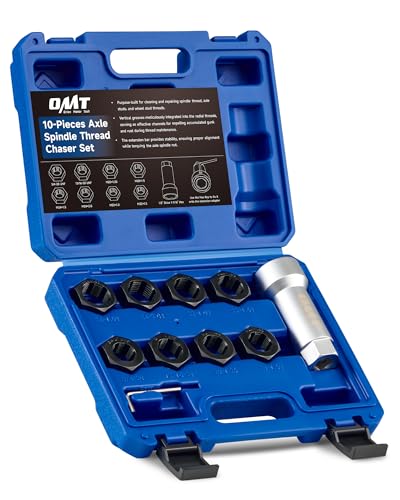 OMT 10pc Axle Spindle Threading Set, Thread Chaser Kit with 8 Rethread Dies | M20 M22 M24 & 3/4" 13/16" UNEF, 1-1/16" Extension Bar, Inner Grooves Expel Metal Chips, Heavy-Duty Steel, For Mechanics
