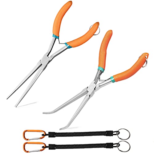 2 PCS Extra Long Bent & Straight Needle Nose Pliers Set for Jewelry Making & Fishing Hook Removal with Serrated Jaw & Lanyard - style: Extra Long Nose & Bent Nose
