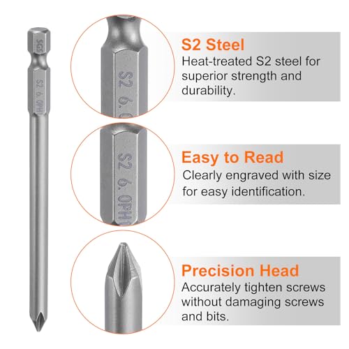 HARFINGTON 5pcs #1 Phillips Screwdriver Bit PH1 1/4" Hex Shank 4" (100mm) Long Magnetic S2 Steel Industrial Grade Screw Driver Bit Cross Head Electric Drill Bits 0.236" (6mm) Rod - size: PH1 x 100mm x 6mm