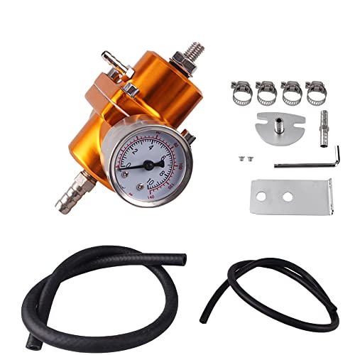 BARTOO Universal Adjustable Fuel Pressure Regulator Kit, Aluminum Fuel Regulator, Adjustable Gas Oil Injection Pressure Regulator with 0-140 PSI Gauge -Gold - color: Gold