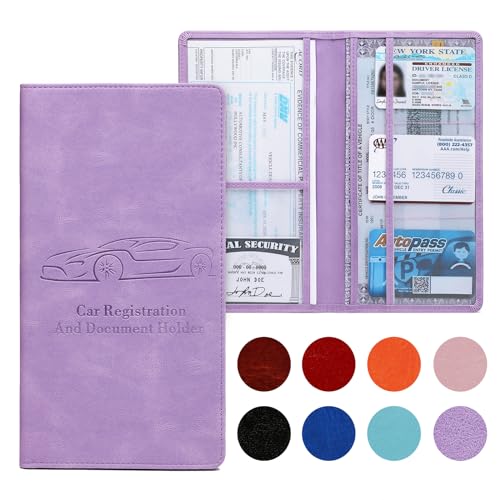 Car Registration and Insurance Card Holder for Women Men, Purple Glove Box Paperwork Organizer with Magnetic Buckle for Easy Access and Protect Documents and Various Cards in Vehicle - color: Purple