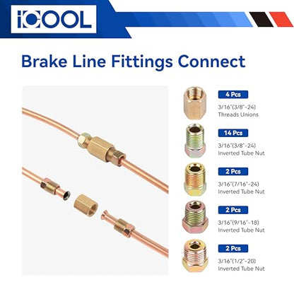 ICOOL 25 ft 3/16" Copper-Plated Brake Line Flaring Tool Kit with 20 Fittings and 4 Unions Brake Line Fittings, Brake Line Kit with Tube Bender and Reamer