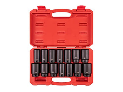 TEKTON 1/2 Inch Drive Axle Nut Impact Socket Set, 14-Piece | SID92341 - size: 14-Piece (27-39 mm), Case