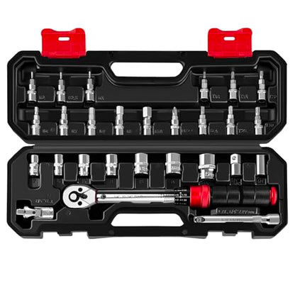 YIYITOOLS 27Pcs 1/4 Inch Drive Click Torque Wrench Set, Bike Maintenance Kit with Bit Sockets, Adapter, Universal Joint & Extension Bar, 2.3-27.1NM (20-240IN.LB) ±3% Precision