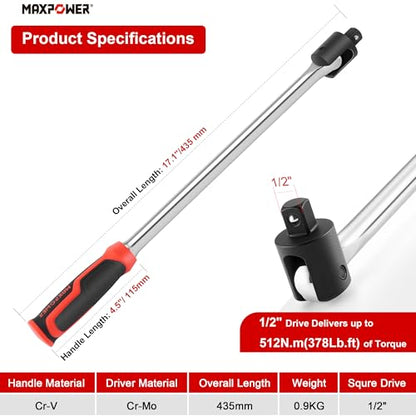 MAXPOWER 1/2" Drive Breaker Bar, 17-inch Breaker Bars with 270° Flex Head, Soft Grip Handle - style: 17" Soft Handle
