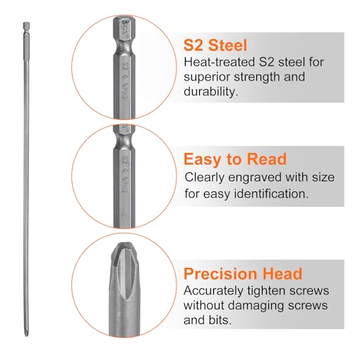 HARFINGTON 2pcs #3 Phillips Screwdriver Bit PH3 1/4" Hex Shank 15" (370mm) Long Magnetic S2 Steel Industrial Grade Screw Driver Bit Cross Head Electric Drill Bits 0.236" (6mm) Rod - size: PH3 x 370mm x 6mm