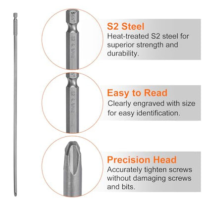 HARFINGTON 2pcs #3 Phillips Screwdriver Bit PH3 1/4" Hex Shank 15" (370mm) Long Magnetic S2 Steel Industrial Grade Screw Driver Bit Cross Head Electric Drill Bits 0.236" (6mm) Rod - size: PH3 x 370mm x 6mm