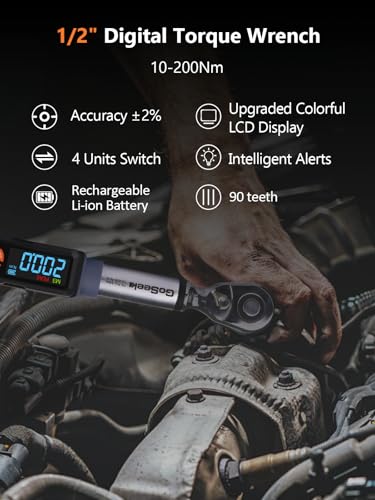 Goseek Upgraded Rechargeable Digital Torque Wrench 90 Tooth, 7.4-147.5 Ft-lbs/10-200Nm, 1/2'' Drive Electric Torque Wrench with Buzzer & LED & Vibration for Motorcycle Car Tires Repair