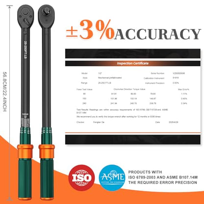 1/2 Inch Drive Click Torque Wrench, 25-250 Ft-lb, ±3% High Accuracy | 72-Tooth Dual-Direction Reversible Ratchet Head, Heavy Duty for Tire Change, Lug Nuts, Automotive, Truck, RV, Tractor - size: 25-250 ft.lb（1/2-Inch）