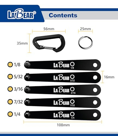 LABEAR 5-Piece SAE Low Profile Offset Allen Wrench Set, 1/8"-1/4" | 90° right-angle hex keys, S2 steel tips, compact short-arm design, carabiner holder, bike electronics repair - size: SAE HEX