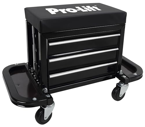 Pro-Lift Mechanic Roller Seat with Tool Box - 3-Drawer Rolling Tool Chest Stool with Padded Seat Cushion for Garage Creeper – 400 Lbs Capacity