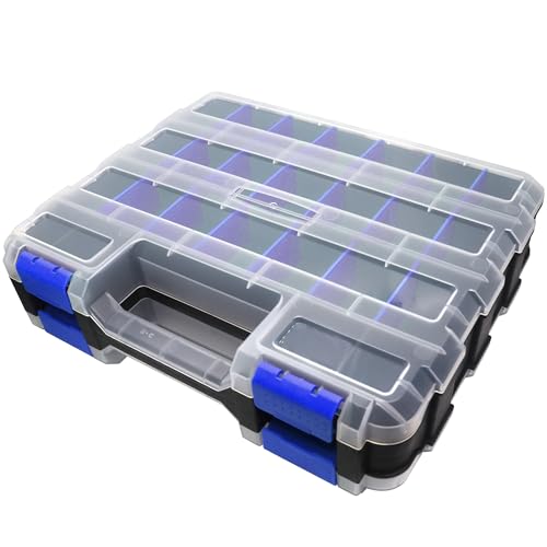 Double Side Tool Box Organizer, Hardware Storage Box, Portable Small Parts Organizer with Removable Plastic Dividers for Screws, Nuts, Nails, Bolts (Blue) - color: Blue
