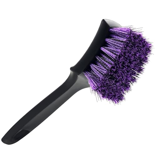 YeewayVeh Pro Tire Cleaning Brush, Gentle Stiff Mixed Bristles,Short Handle | Scrub Brush for Tire Sidewalls, Rubber Mats & Carpets, Anti-Deformation Tyre Detailing Tool - color: Purple/Black, size: 1-Pack