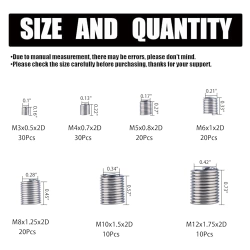 Thread Repair Inserts Kit 140PCS 304 Stainless Steel Metric Thread Insert | M3 M4 M5 M6 M8 M10 M12 Wire Thread Repair Inserts for Automotive, Machinery, Engine Repair