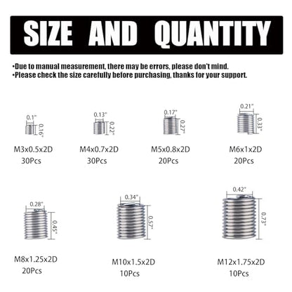 Thread Repair Inserts Kit 140PCS 304 Stainless Steel Metric Thread Insert | M3 M4 M5 M6 M8 M10 M12 Wire Thread Repair Inserts for Automotive, Machinery, Engine Repair