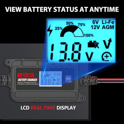 TN TONNY 6V 12V Battery Charger 2A Car Battery Maintainer, 6/12V Lead Acid & 14.6V LiFePO4/12.6V Li-ion Battery Trickle Charger Maintainer for Car/Motorcycle/ATV/Lawn Mower