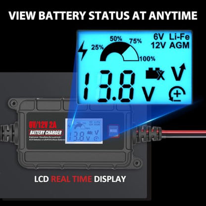 TN TONNY 6V 12V Battery Charger 2A Car Battery Maintainer, 6/12V Lead Acid & 14.6V LiFePO4/12.6V Li-ion Battery Trickle Charger Maintainer for Car/Motorcycle/ATV/Lawn Mower