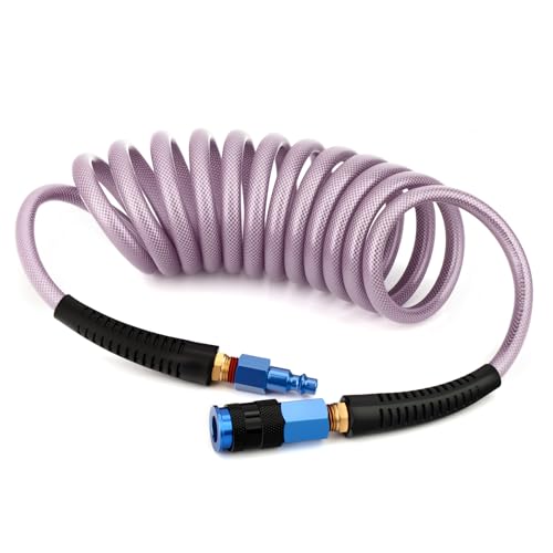 1/4" x 10 ft Polyurethane Coiled Air Hose with Bend Restrictor, Includes 1/4" Industrial Quick Coupler & I/M Plug Kit, for Air Compressors, Purple - color: Purple, size: 1/4" x 10 ft