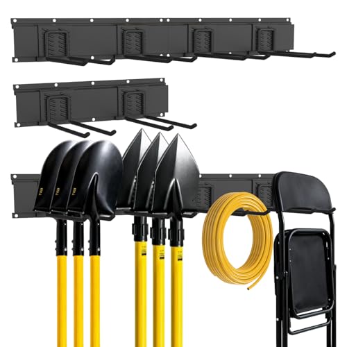 Garage Tool Organizer Wall Mount, Easy to 48inch Install Heavy-Duty Garage Storage System with 6 Adjustable Straight Hooks, Garden Tool Rack for Shovels, Rakes, Yard Tools - size: 48" System - 6 Piece Standard Set