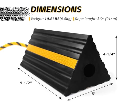 MaxxHaul 50019 Heavy Duty 3-Sided Rubber Wheel Chock with Yellow Reflective Strips and Nylon Rope and Non-Slip Base - 1 Pair - style: Rubber Wheel Chock