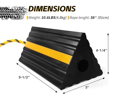 MaxxHaul 50019 Heavy Duty 3-Sided Rubber Wheel Chock with Yellow Reflective Strips and Nylon Rope and Non-Slip Base - 1 Pair - style: Rubber Wheel Chock