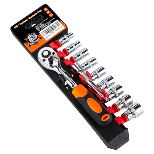 CARTMAN 11-Piece 1/4 Inch Ratchet Socket Wrench Set, 5-13mm Socket Kit Rack | Compact ratchet socket wrench set with quick release handle, extension bar, and 5-13mm sockets for repairs assembly, and DIY.