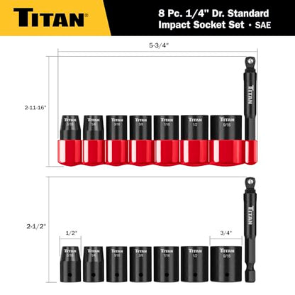 Titan 46001 8-Piece 1/4-Inch Drive SAE Shallow Impact Socket Set, 6-Point, SAE Sizes 3/16 to 9/16-Inch - size: 8-Piece SAE Shallow, style: 1/4-Inch Drive