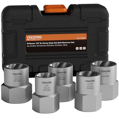 5-Piece Heavy Duty Bolt Extractor Set, 1/2" Drive Impact Lug Nut Remover Tool | Large size 19-25mm for removing stripped, damaged, rusted nuts, bolts, and studs - size: 5-Piece Heavy Duty Remover