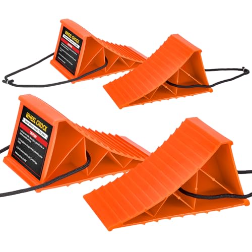 Wheel Chocks, 4 PACK Heavy Duty Wheel Chocks for Car with Rope for Easy Removal, Durable, Non-Slip, Hard Plastic Tire Stopper Blocks for RV, Camper, Trailer, Effective in Keeping Your Vehicle in Place - color: Orange
