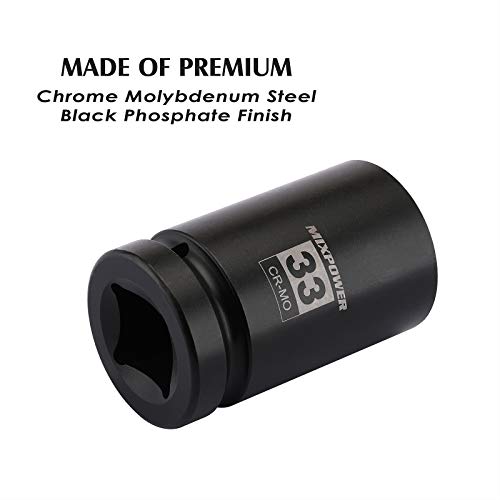 MIXPOWER 1 Inch Drive Deep Impact Socket, CR-MO, 33mm, 6 Point, Radius Corner Design, Chamfered Opening, Axle Nut Impact Grade Socket for Easy Removal - size: 33mm (1 Piece)