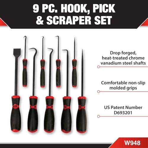 Performance Tool W948 9-Piece Hook/Pick/Scraper Set,Black/Red