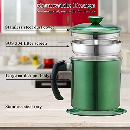 Kyraton Bacon Grease Container With Strainer, 48 oz Metal Shining Green Coating Oil Container, Pot Fat Storage With Lid, Easy Grip Handle Suitable For Storing Frying Oil And Cooking Grease - color: 3. Metal Green