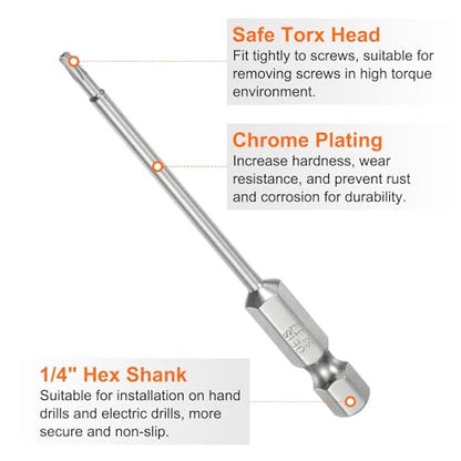 HARFINGTON 2pcs T7 Security Torx Bit 1/4" Hex Shank 3" Long S2 Steel Magnetic Tamper Resistant Star Bits Screwdriver Torx Head with Hole for Driver Drill Bits Remove Fastening Screws - size: T7