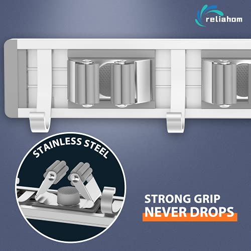 reliahom Broom Holder Wall Mount Mop Hanger Tools organizer 4Racks 5Hooks | Adjustable Mop Broom Wall Hanging Heavy duty Tools Storage Rack Space-saving for Garage,Kitchen,Laundry Room,Garden, Silver - color: Silver