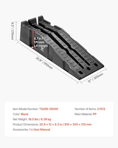 VEVOR Car Ramps, 2 PCS 16000 lbs GVW Capacity, 6.7 in Lift Height, Portable High Profile Car Service Ramps for Home Garage Maintenance and Oil Changes, Heavy Duty for Truck SUV Vehicle Repair, Black - size: 6.6*35.5inch